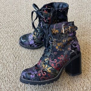 Diba floral patterned lace-up ankle boots with gold side buckle.